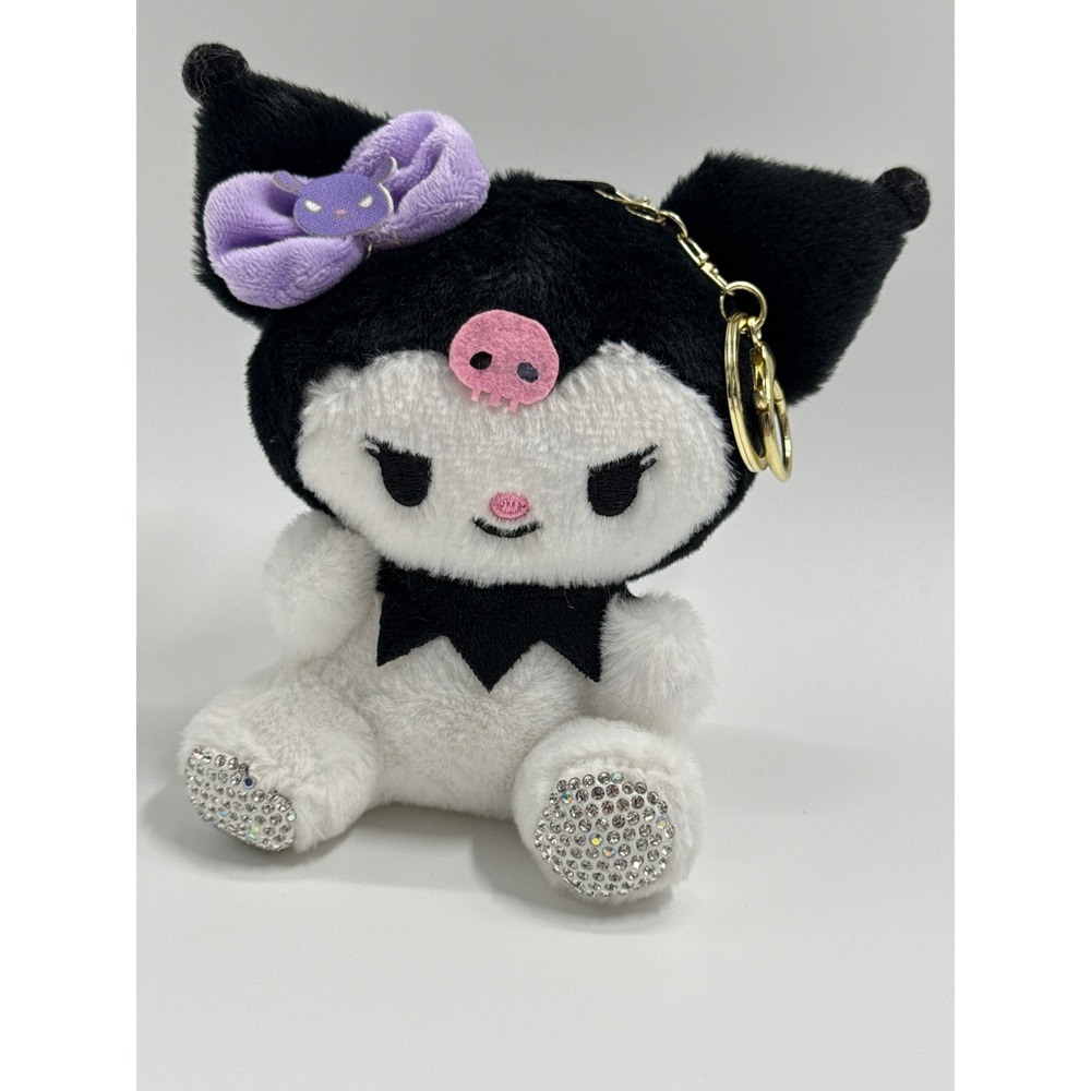 Kuromi Plush Keychain Purple Bow Rhinestone Feet Black White Bag Charm
